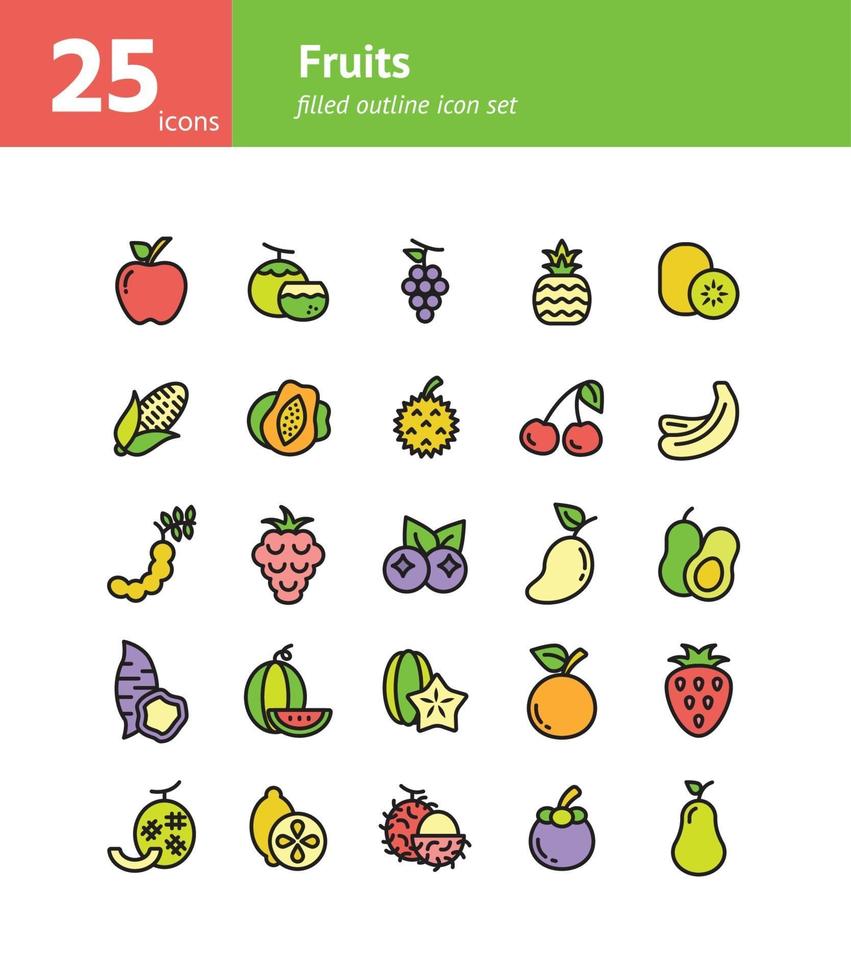 conjunto de iconos de contorno lleno de frutas. vector