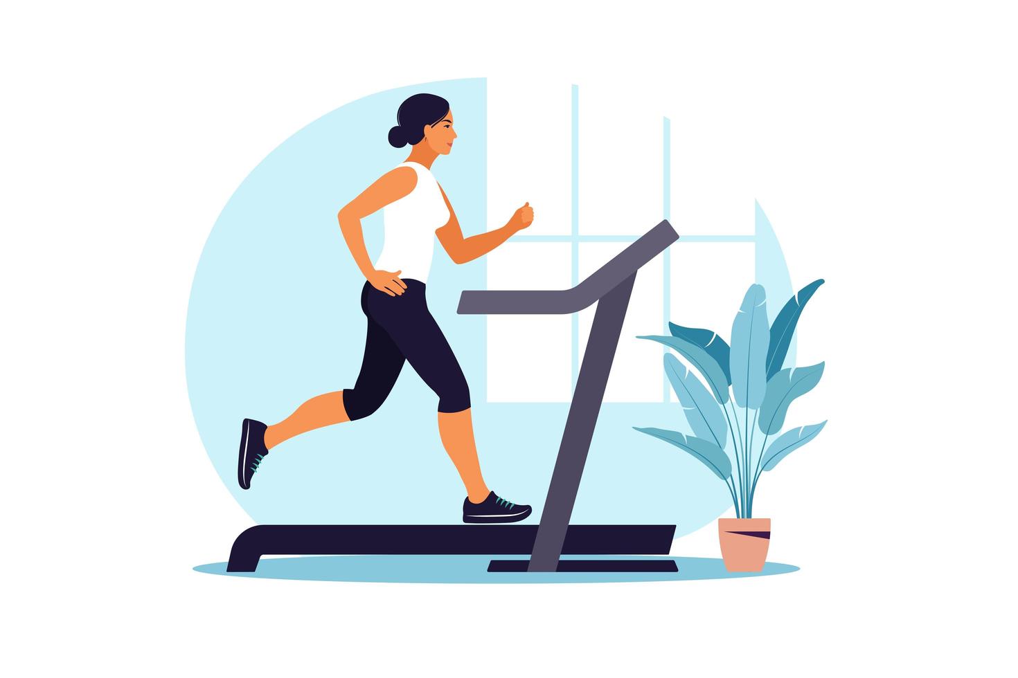 Woman running on a treadmill at home. Healthy lifestyle. vector