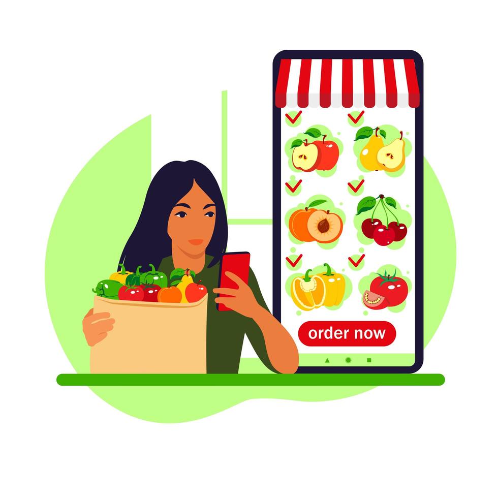 Online food order. Grocery delivery. Woman shop at an online store. vector