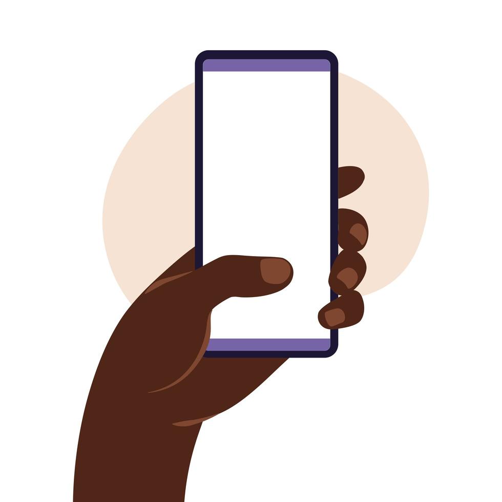 Mano de hombre africano sosteniendo smartphone con pantalla en blanco. vector