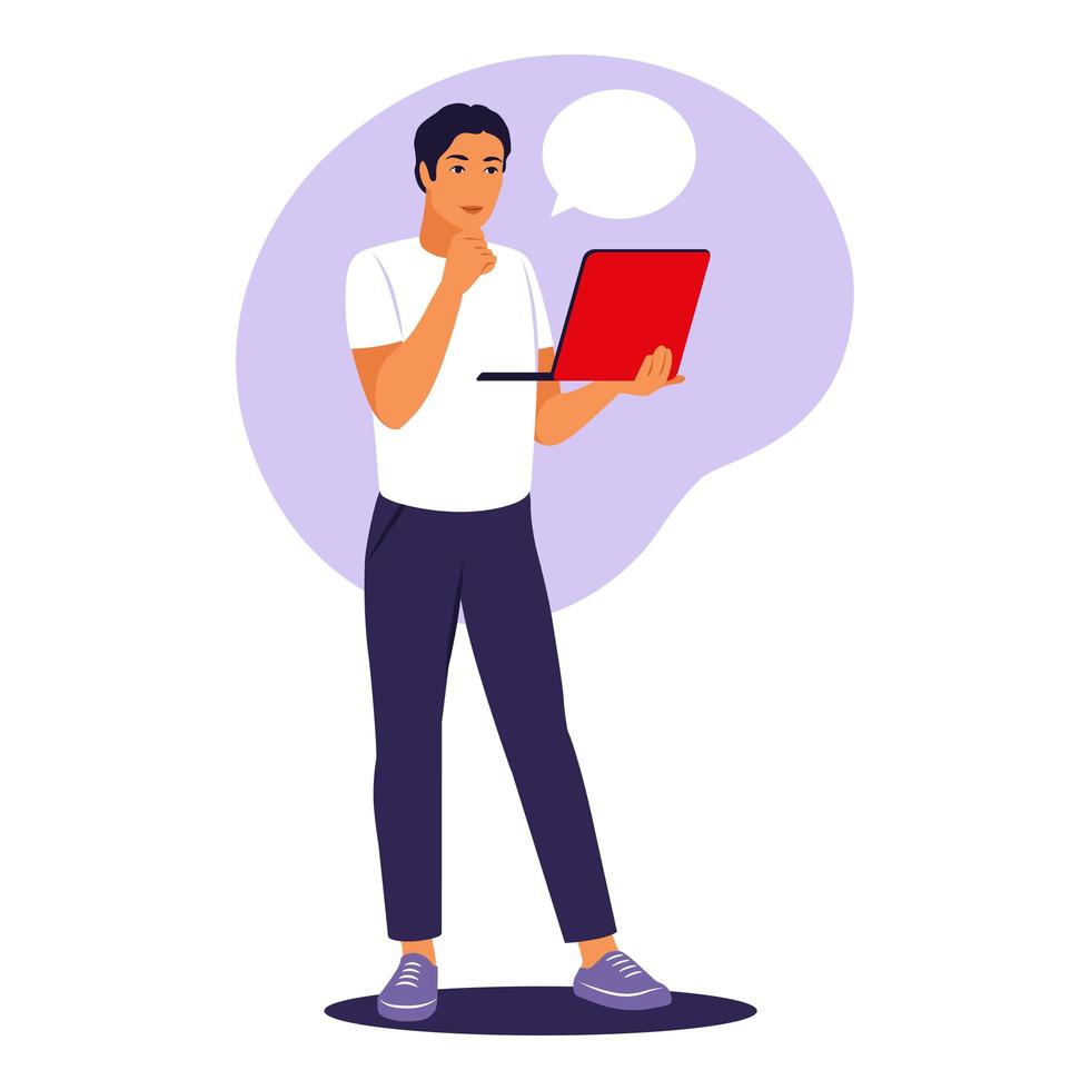 Man standing with laptop. Office worker, remote job concept. vector