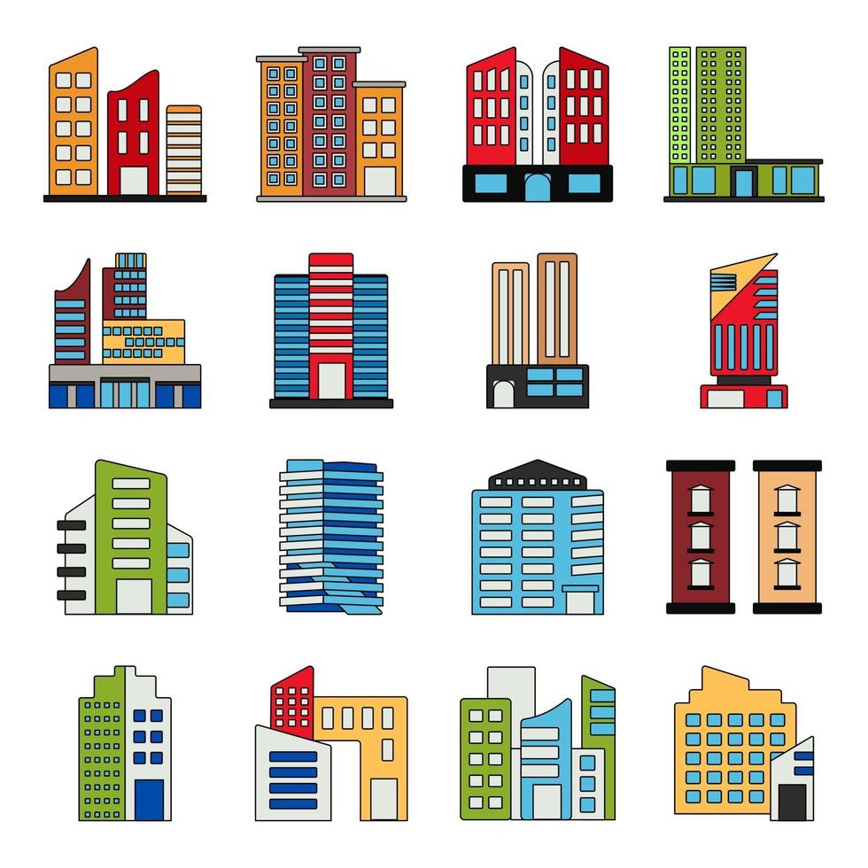 paquete de iconos planos de edificios de gran altura vector