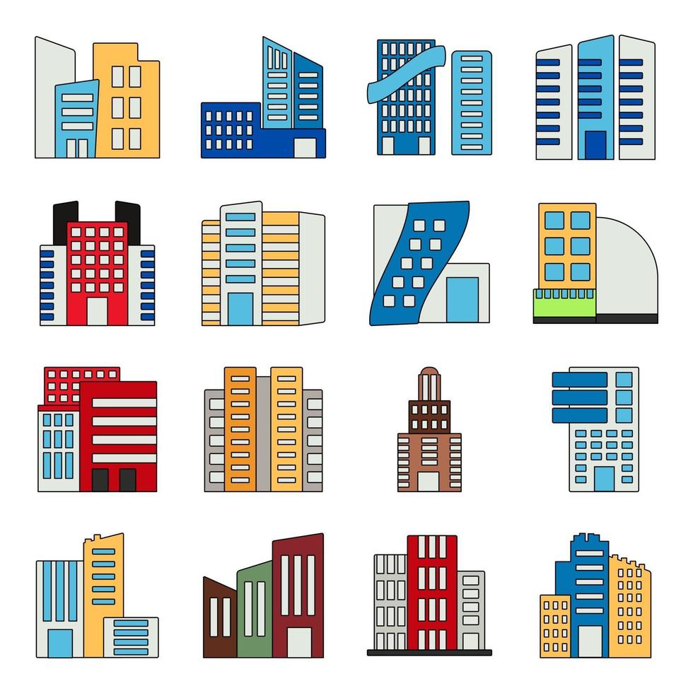 paquete de iconos planos de edificios comerciales vector