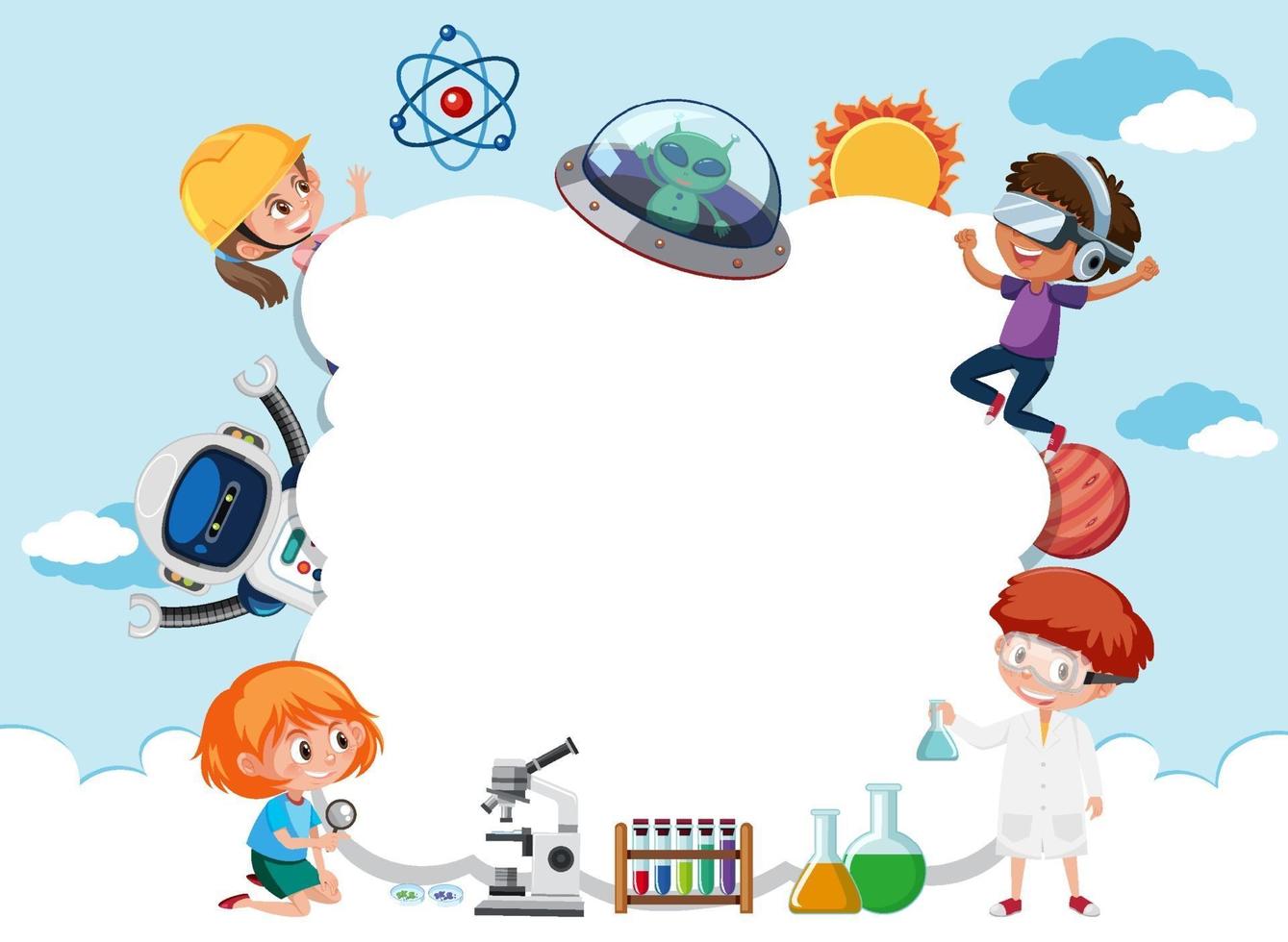 Empty cloud banner with kids in technology theme vector