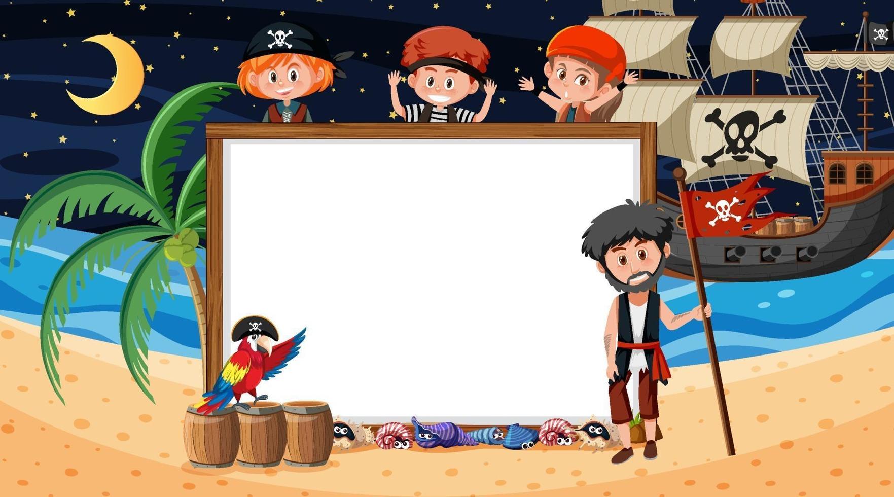 Pirate kids at the beach night scene with an empty banner template vector