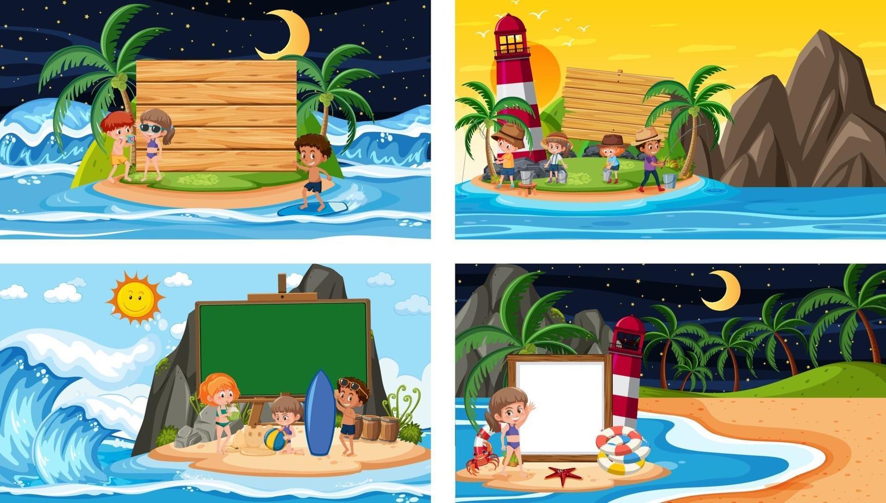 Set of different tropical beach scenes with blank banner vector