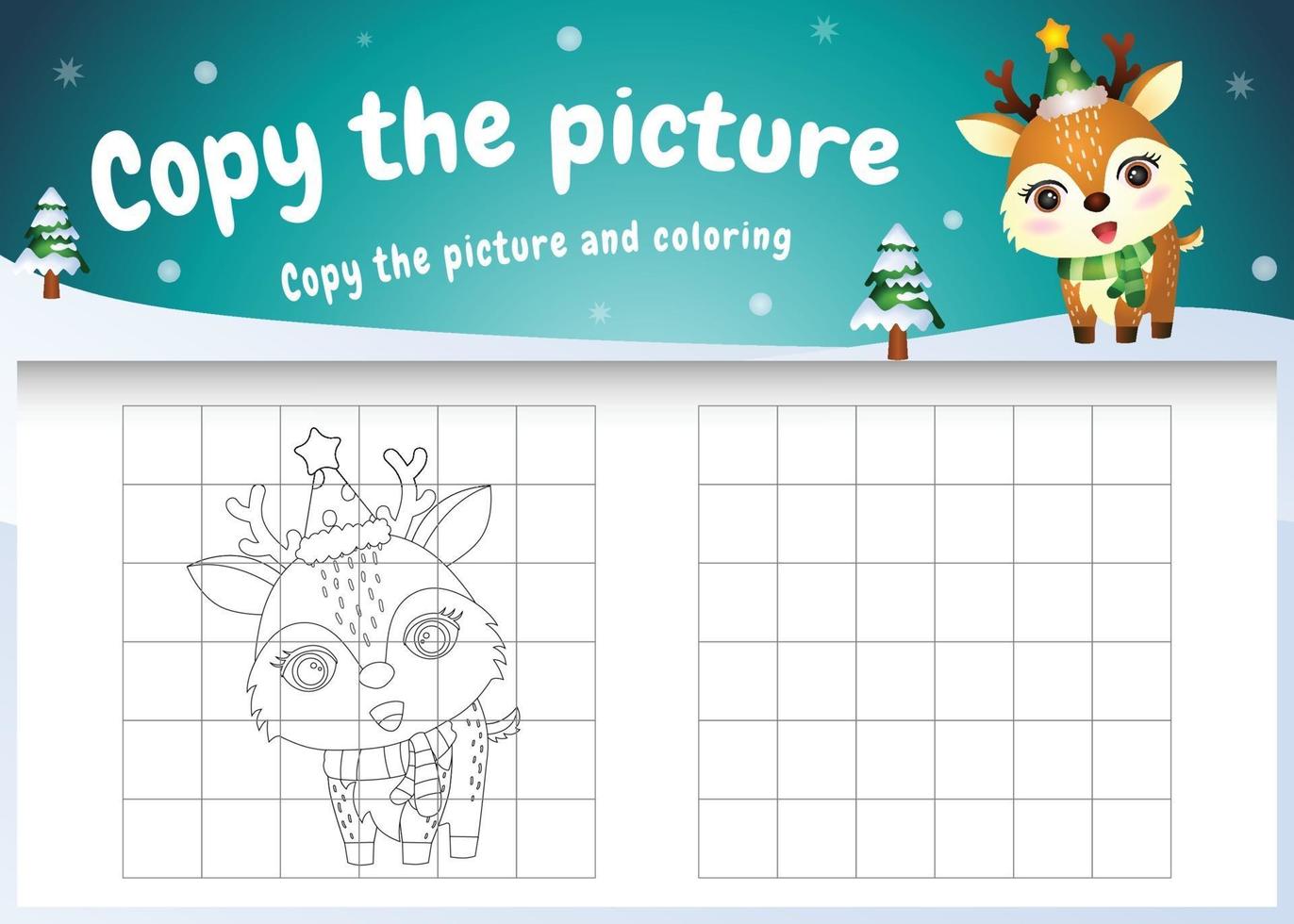 Copie la imagen del juego para niños y la página para colorear con un lindo ciervo vector