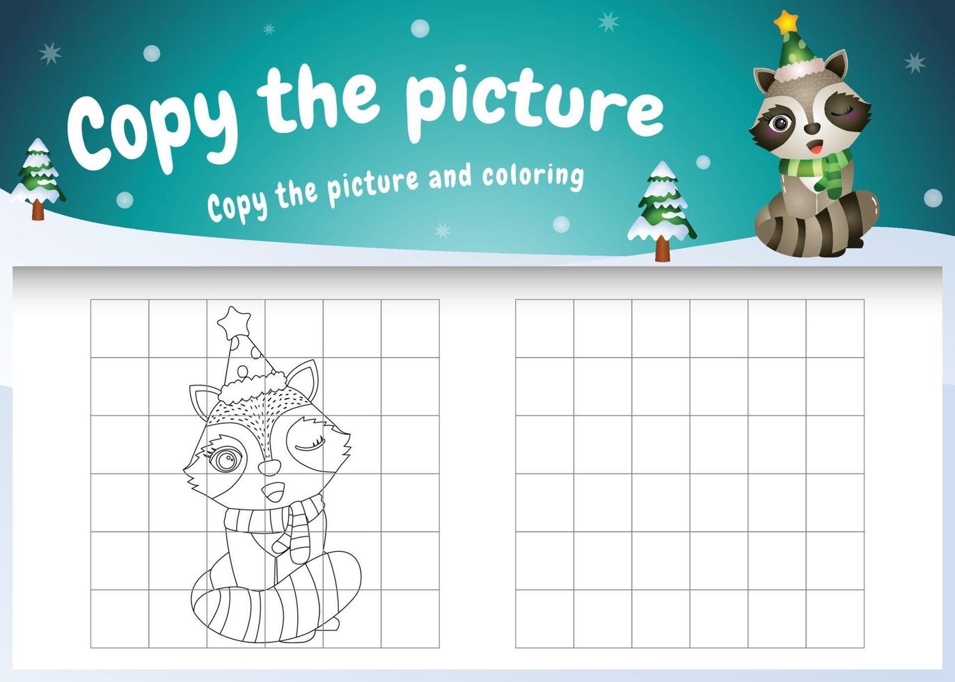 copy the picture kids game and coloring page with a cute raccoon vector