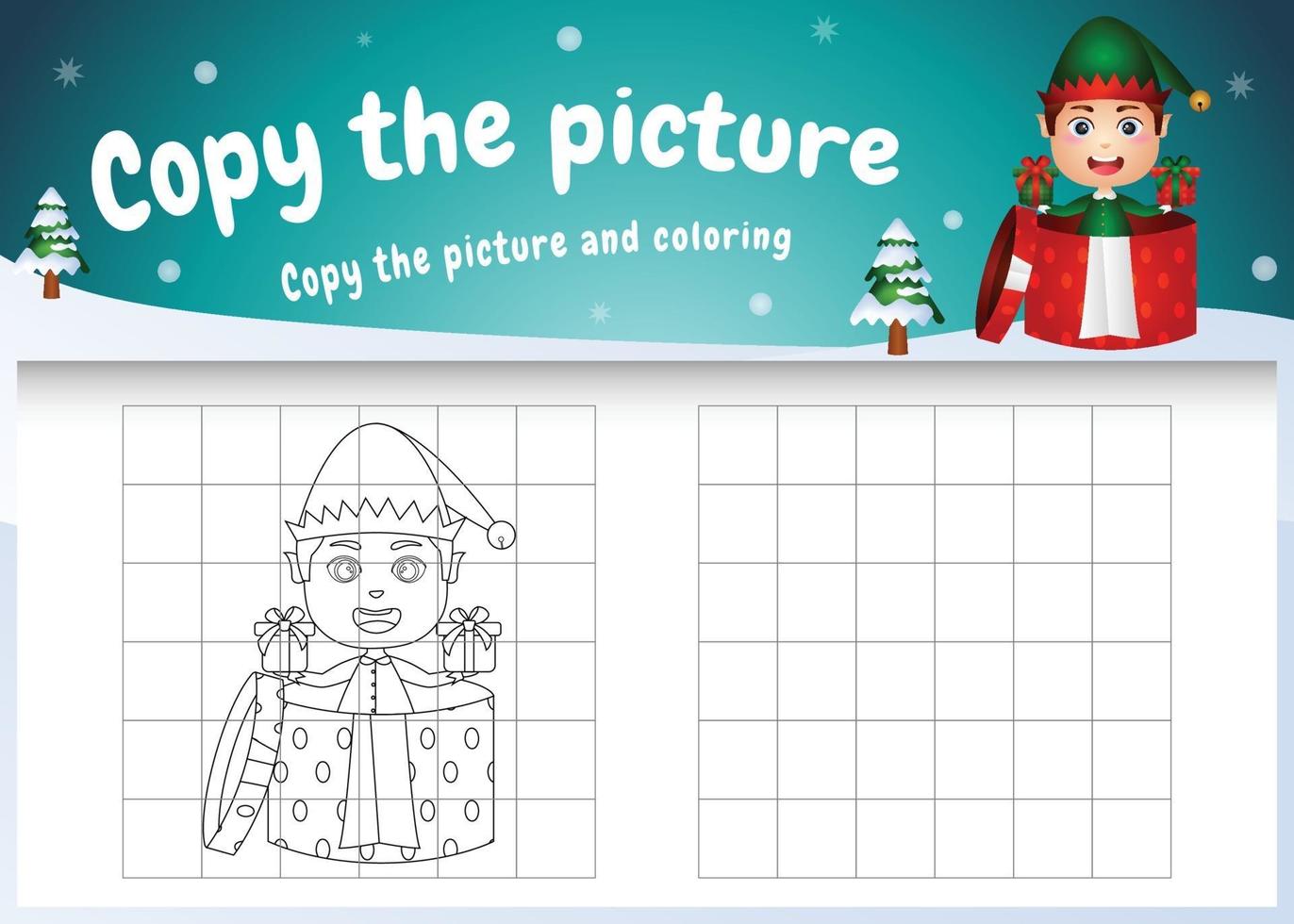 Copie la imagen del juego para niños y la página para colorear con un lindo niño elfo vector