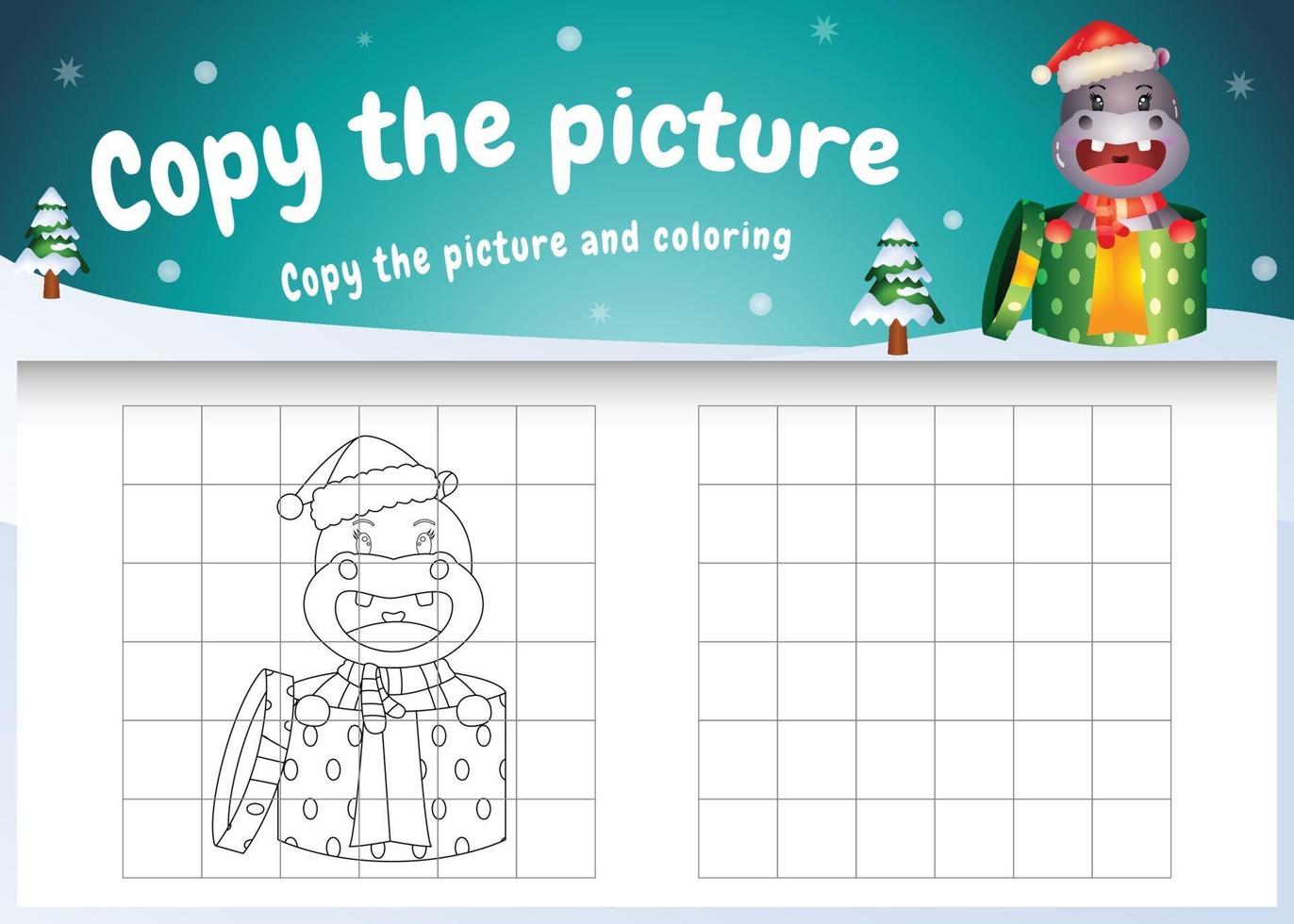 Copie la imagen del juego para niños y la página para colorear con un lindo hipopótamo vector