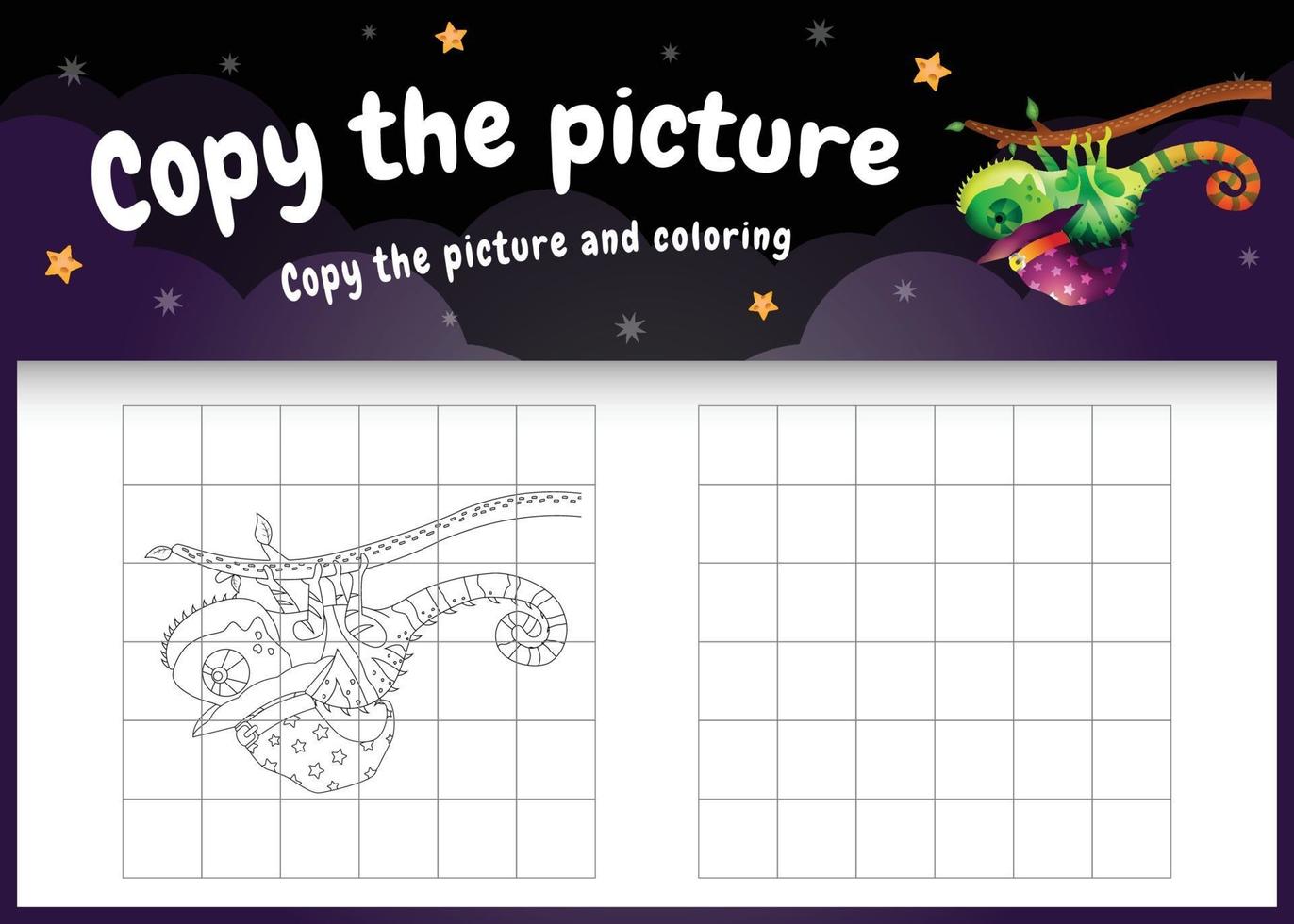 copy the picture kids game and coloring page with a cute chameleon vector