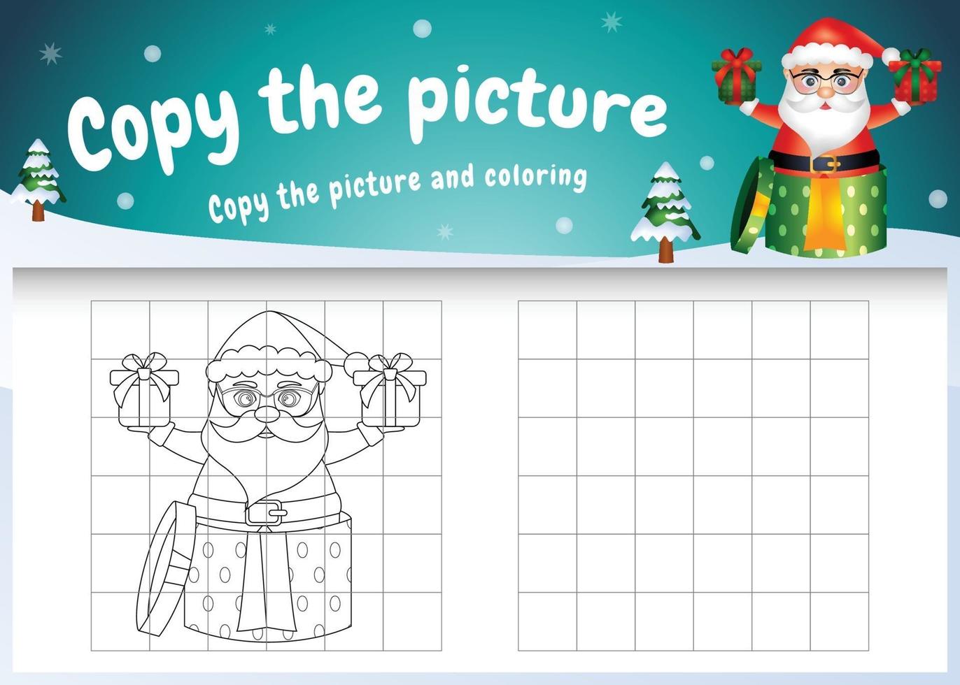 Copie la imagen del juego para niños y la página para colorear con una linda santa claus vector