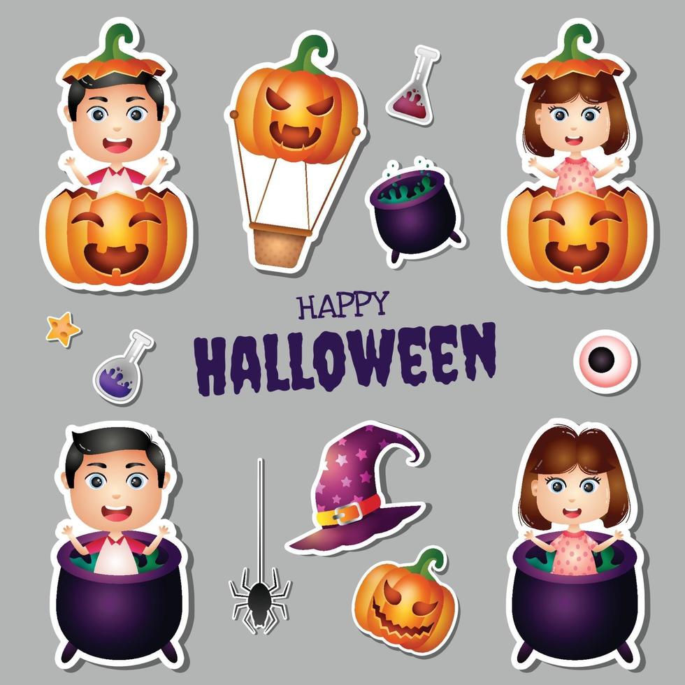 Stickers halloween collection with cute children vector