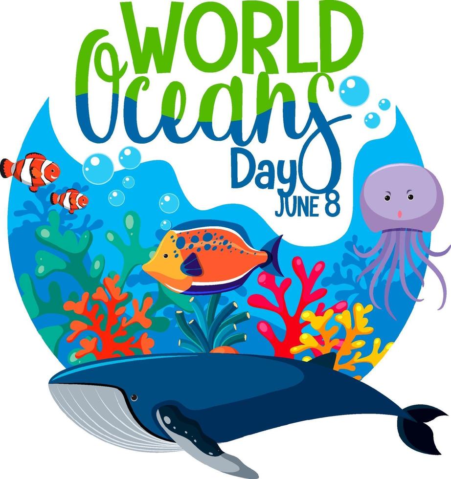 banner del día mundial del océano con diferentes animales marinos vector