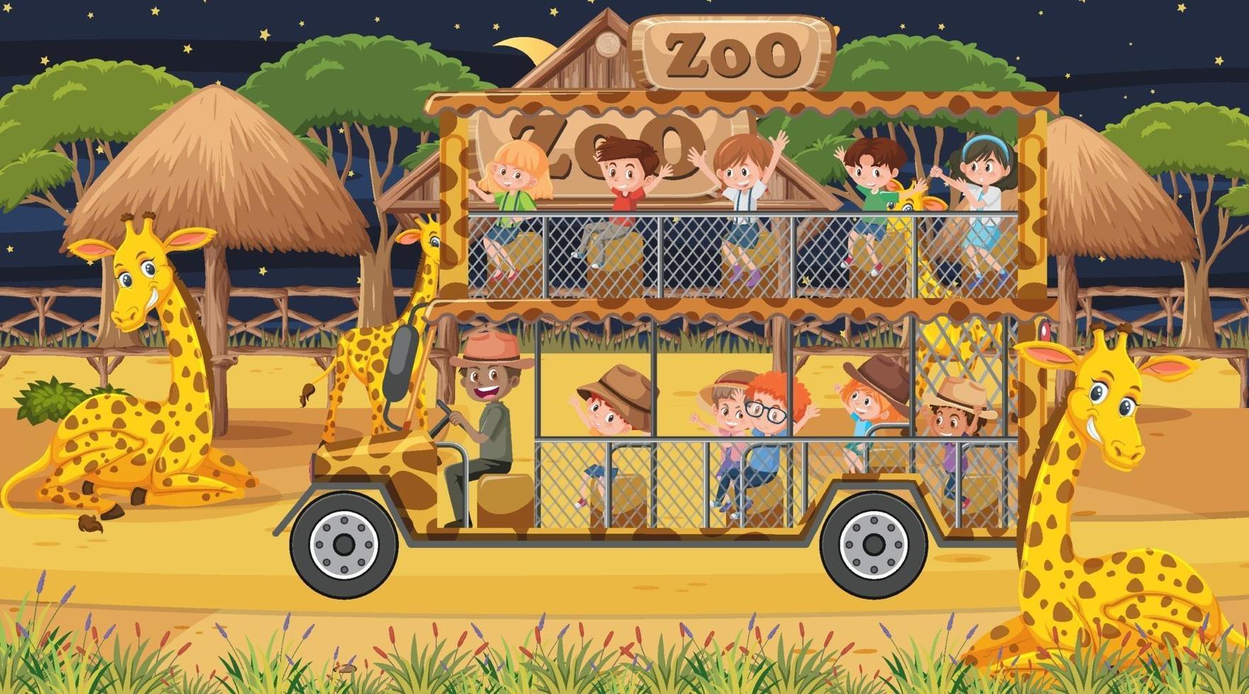 Safari at night time scene with children watching giraffe group vector