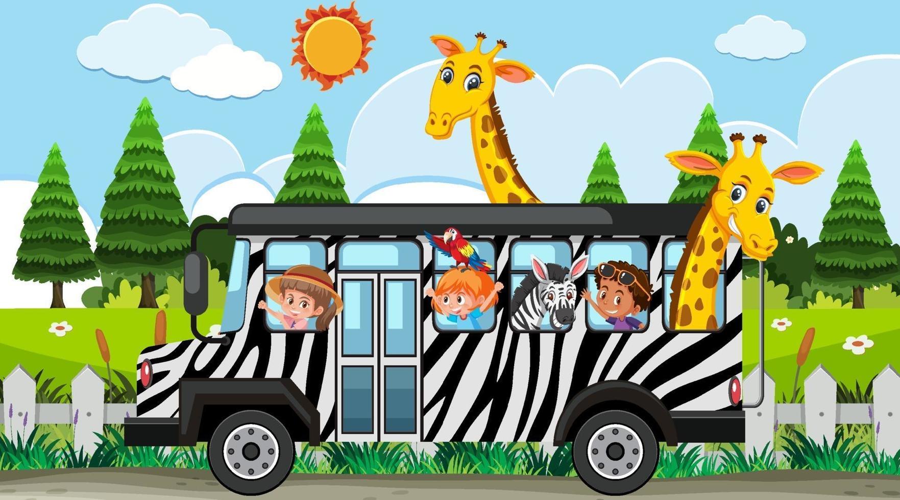 Escena de safari durante el día con niños y animales en autobús. vector