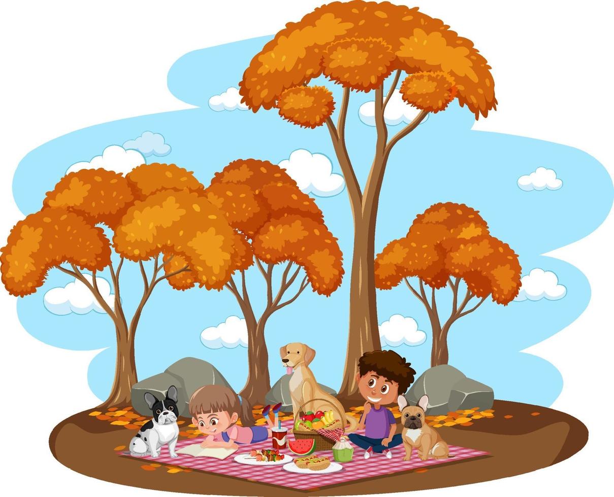 niños haciendo picnic en el parque con muchos árboles de otoño vector