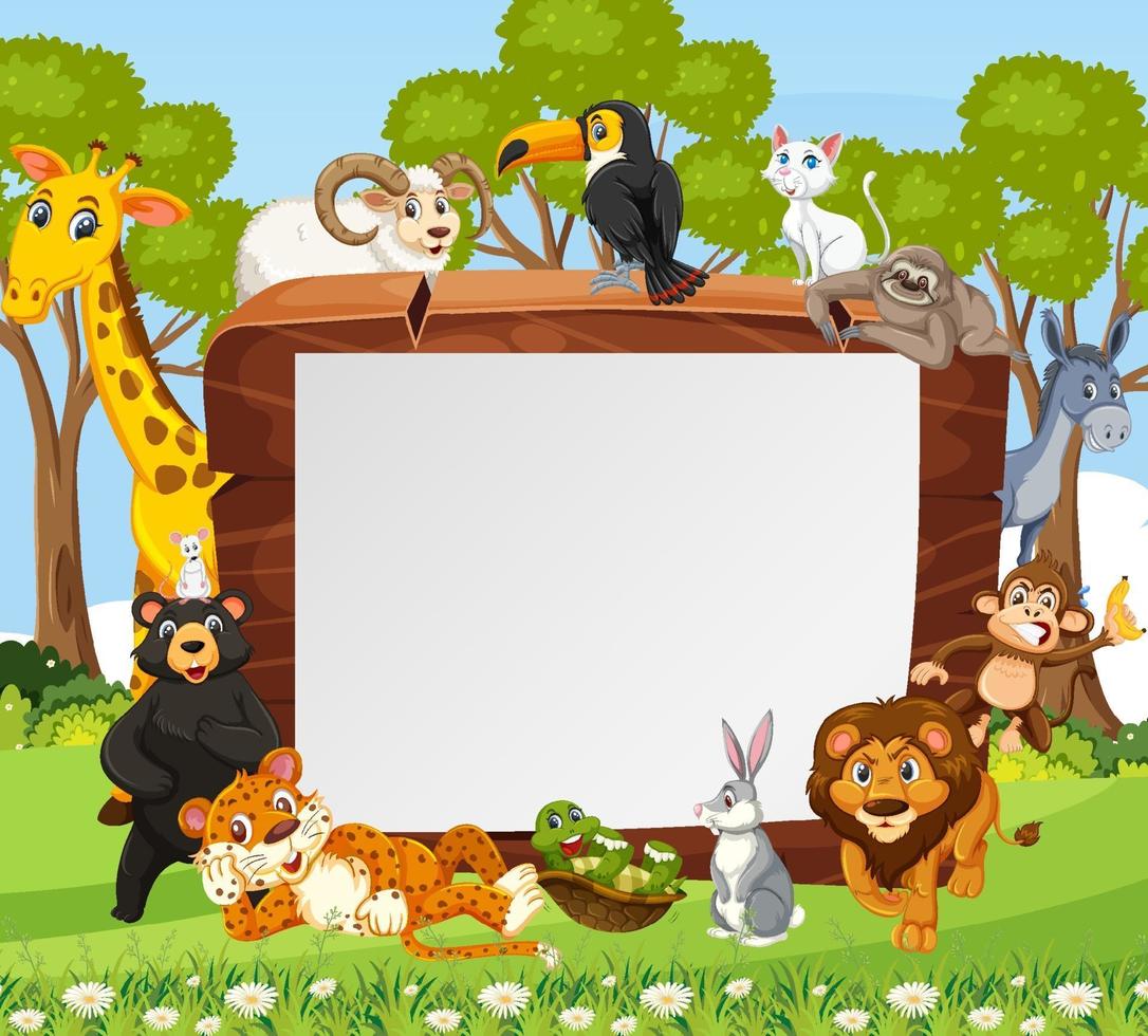 Empty wooden frame with various wild animals in the forest vector