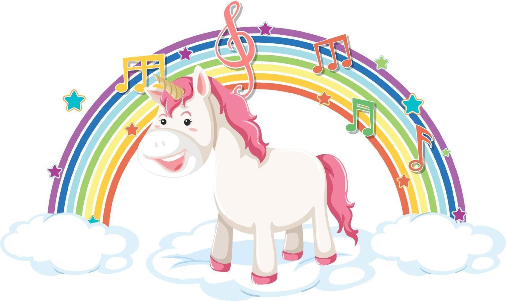 Unicorn standing on cloud with rainbow and melody symbol vector