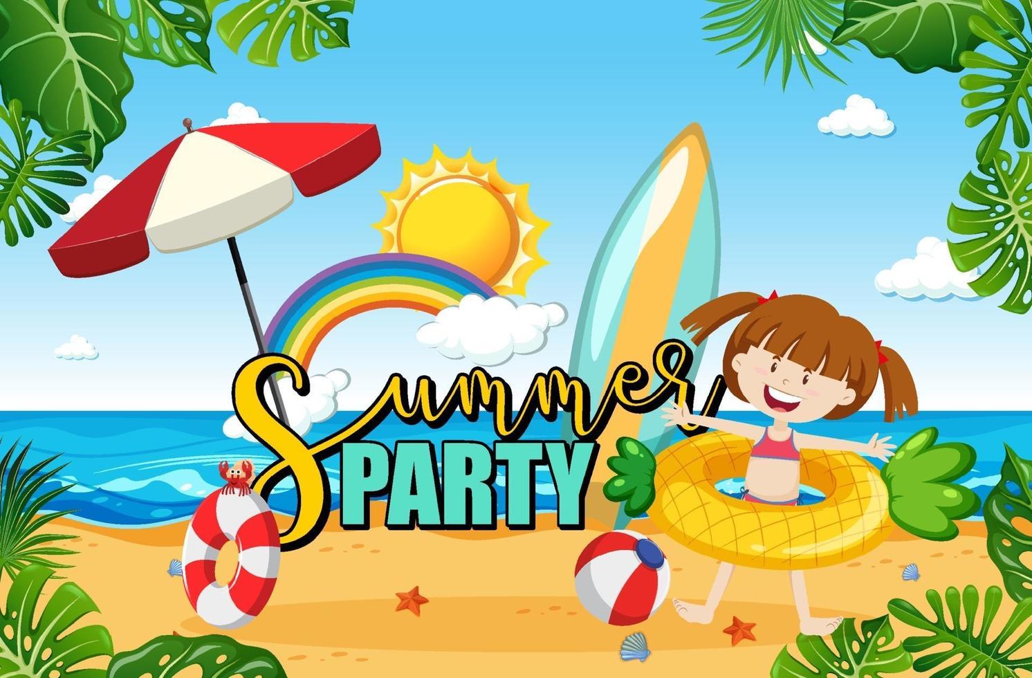 Escena de playa tropical con banner de texto de fiesta de verano vector