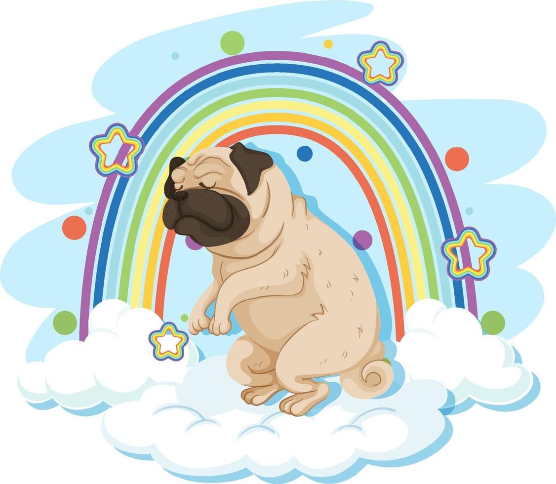 lindo perro en la nube con arcoiris vector