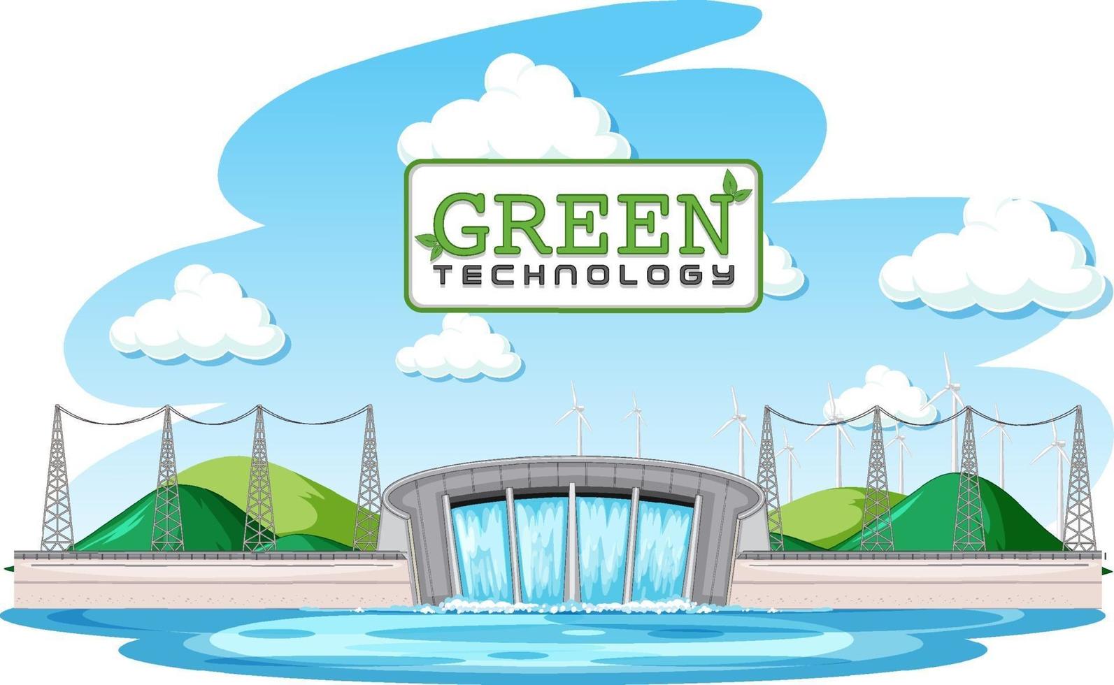 Las plantas hidroeléctricas generan electricidad con banner verde. vector