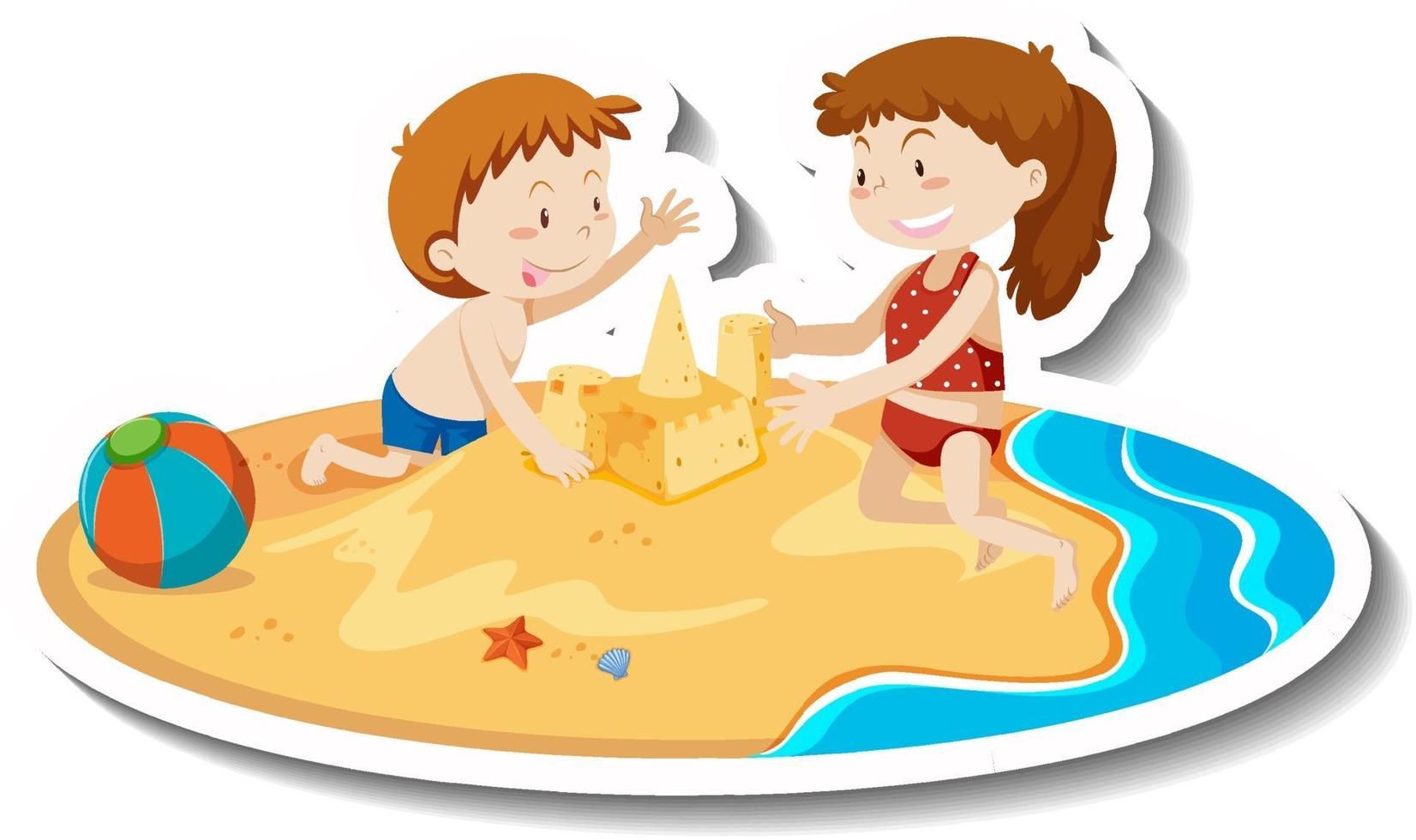 Two kids building sand castle at the beach vector