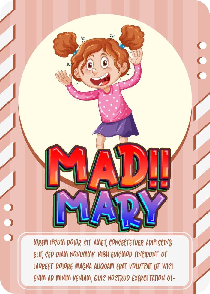 Tarjeta de juego de personajes con la palabra Mad Mary. vector