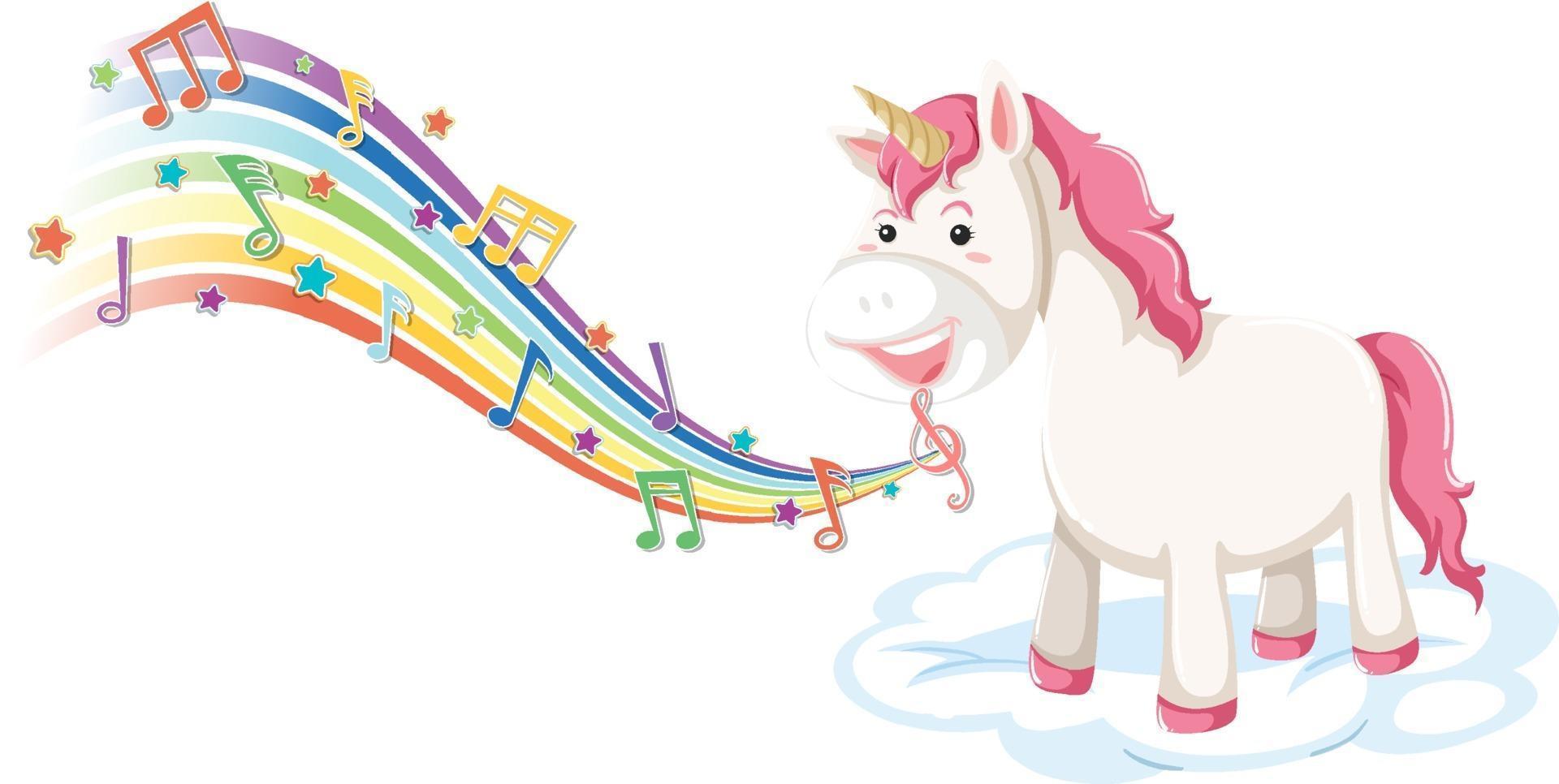 Cute unicorn standing on the cloud with melody symbols on rainbow vector