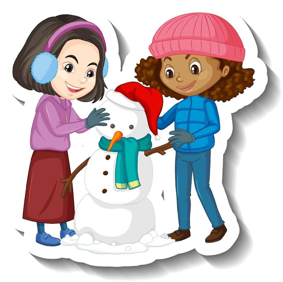 dos niñas construyendo una pegatina de personaje de dibujos animados de muñeco de nieve vector