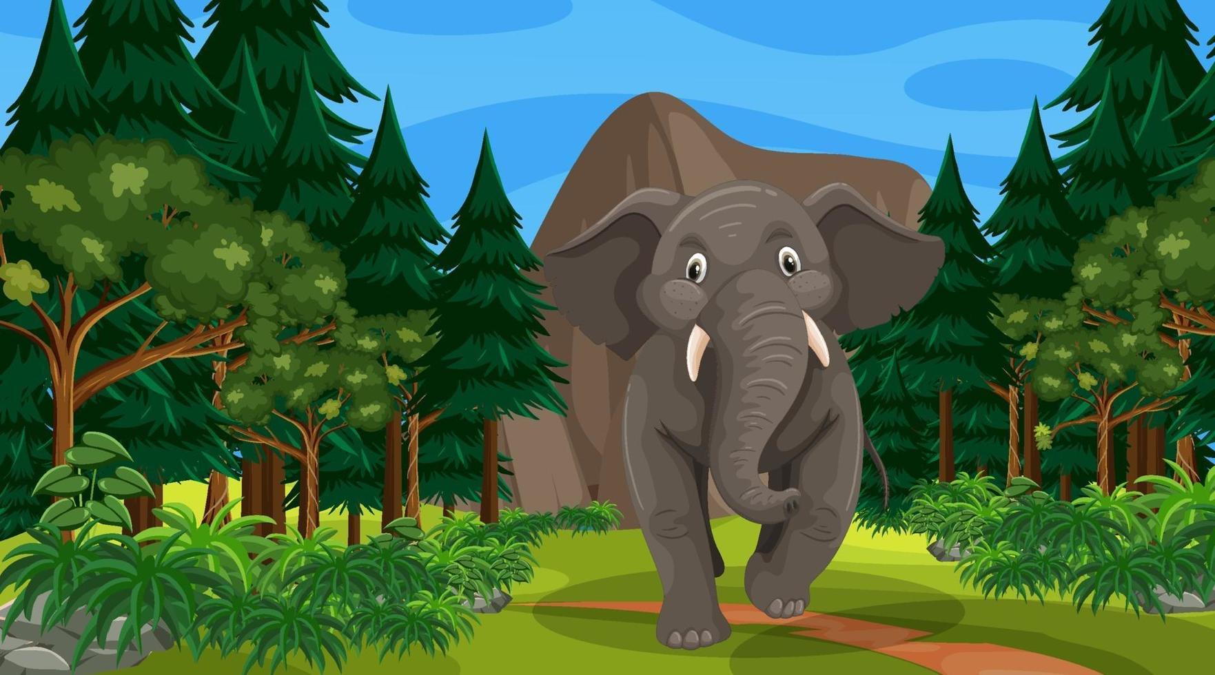 elefante en el bosque o la escena de la selva tropical con muchos árboles vector