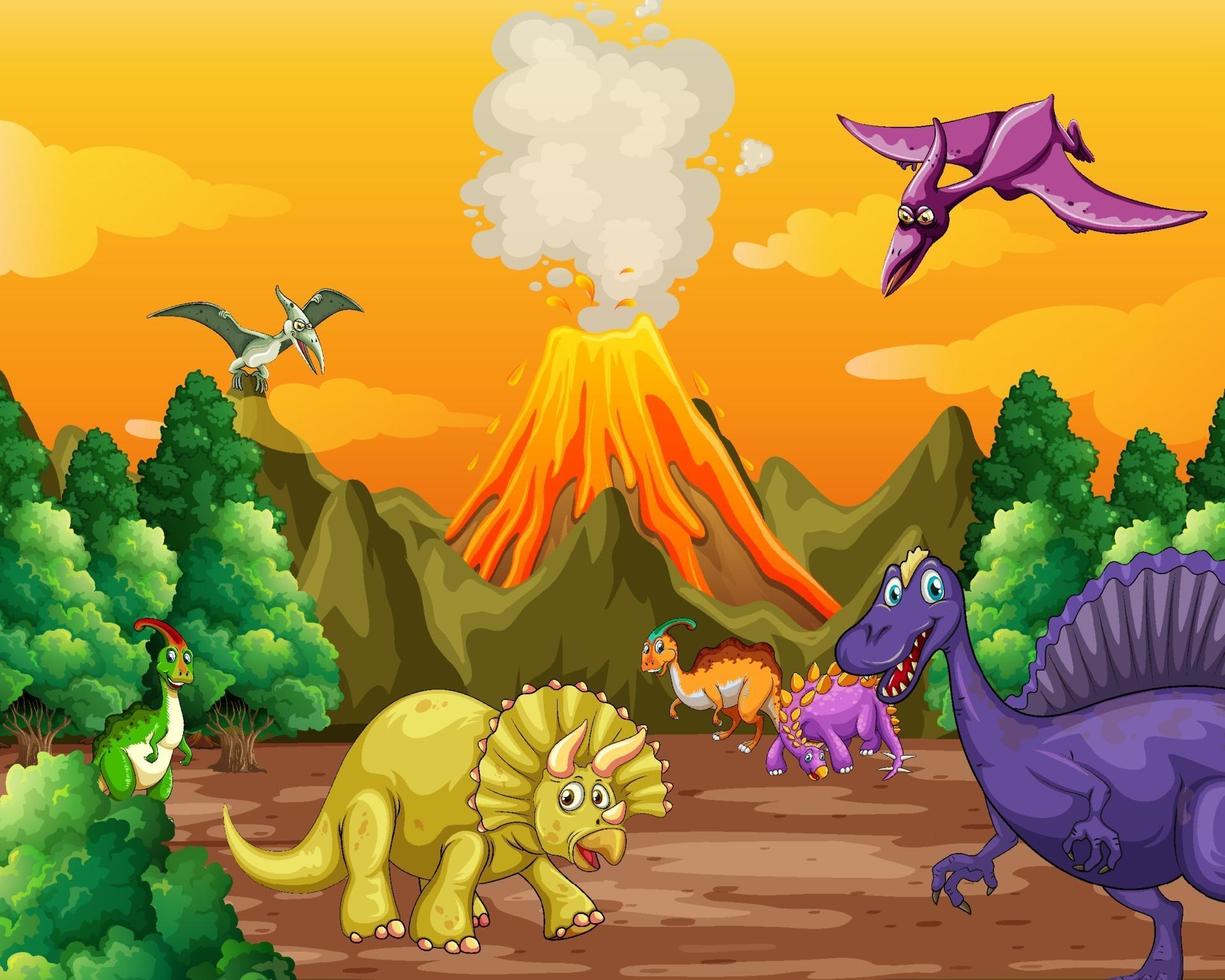 Escena del bosque prehistórico con varios dinosaurios. vector