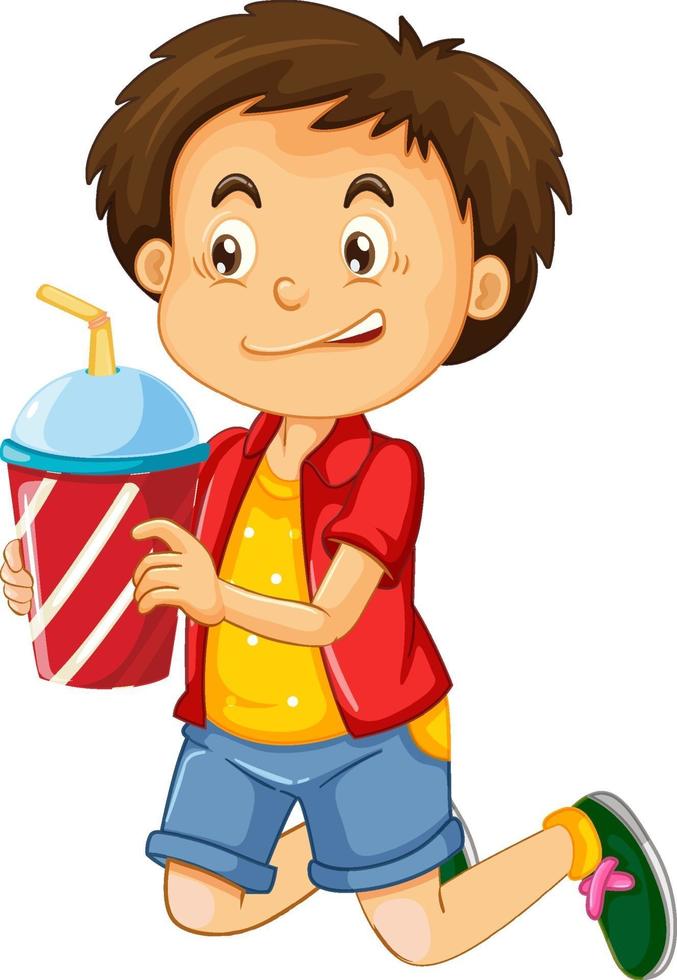 personaje de dibujos animados de niño feliz sosteniendo un vaso de plástico vector