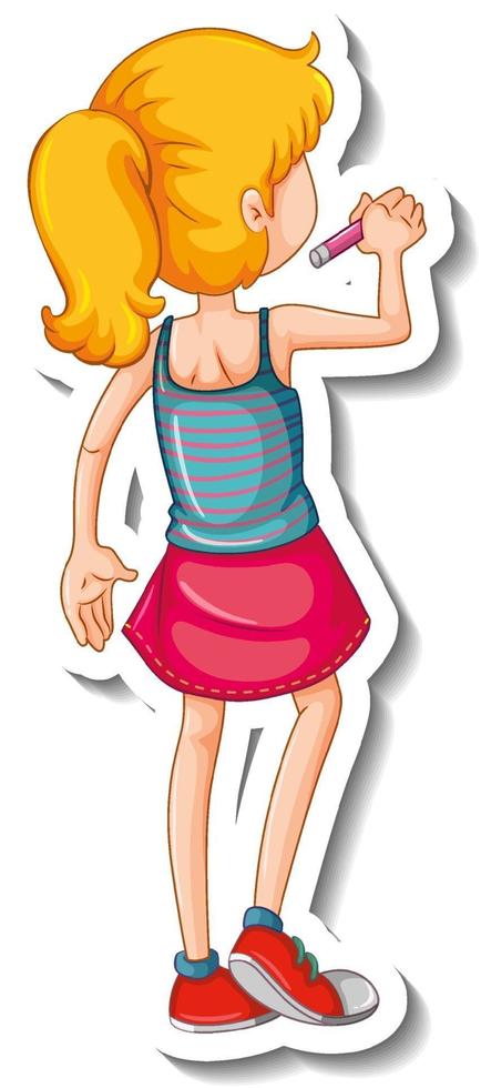 Sticker template with behind of a girl cartoon character isolated vector