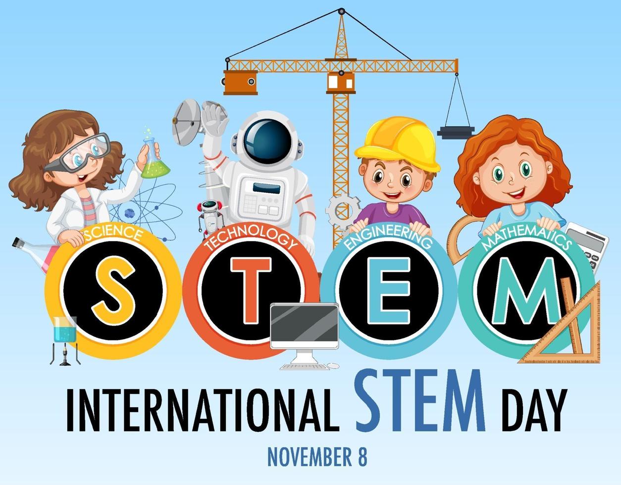 International STEM Day banner with kids cartoon character vector