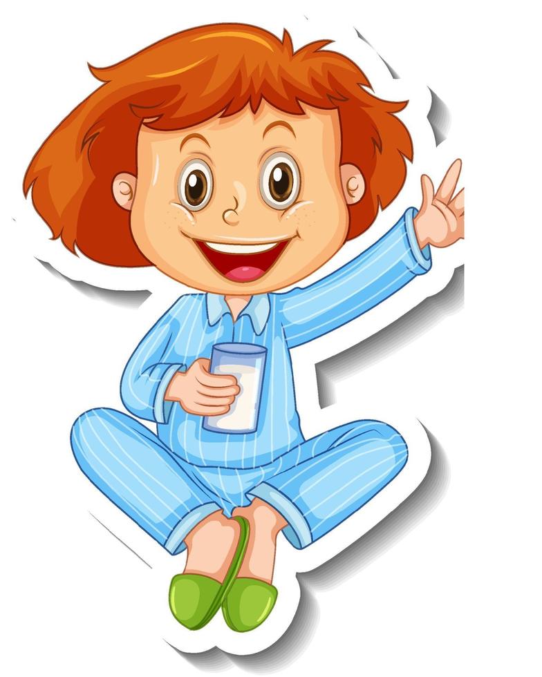 Sticker template with a girl wears pajamas cartoon character isolated vector