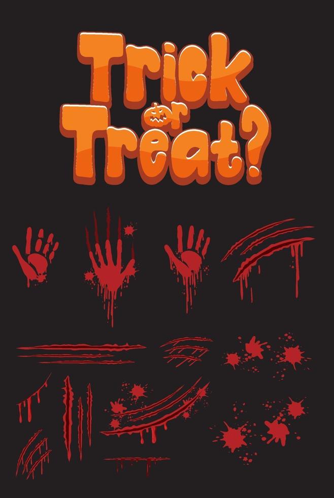 Trick or Treat text design with bloody hand prints vector