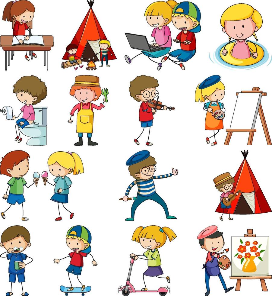 Set of different doodle kids cartoon character vector