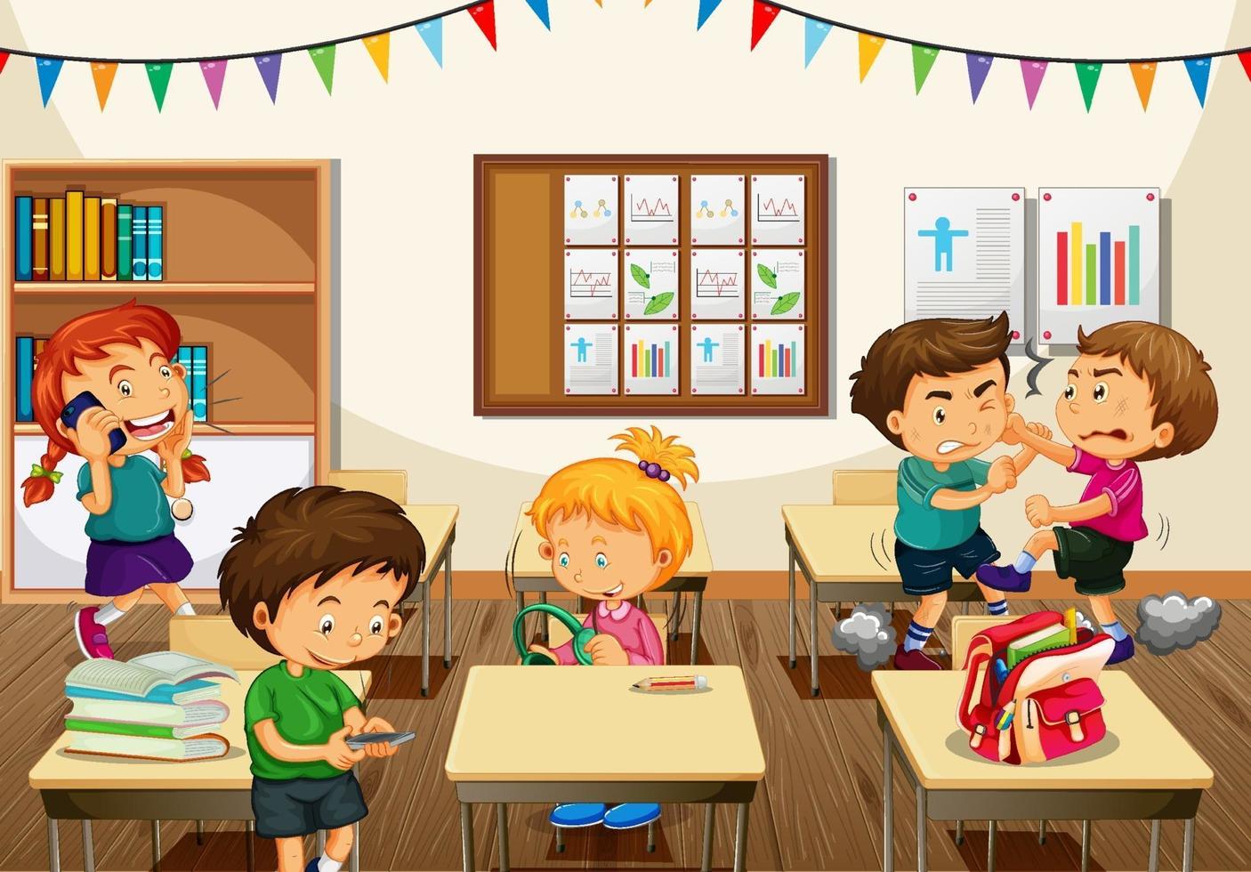 Scene with school kids doing different activities in the classroom vector