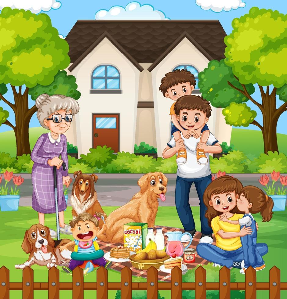 familia feliz de pie fuera de casa con sus mascotas vector