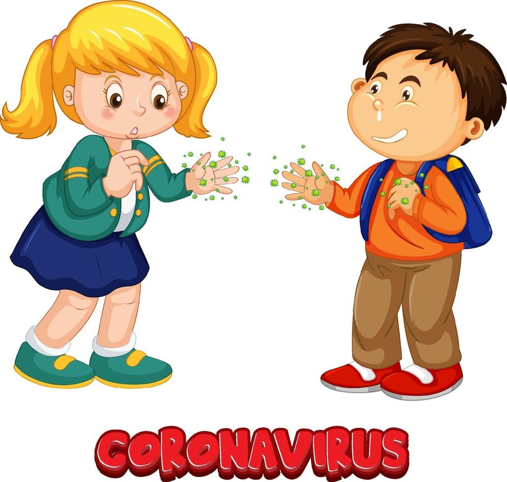 Two kids character do not keep social distance with Coronavirus font vector