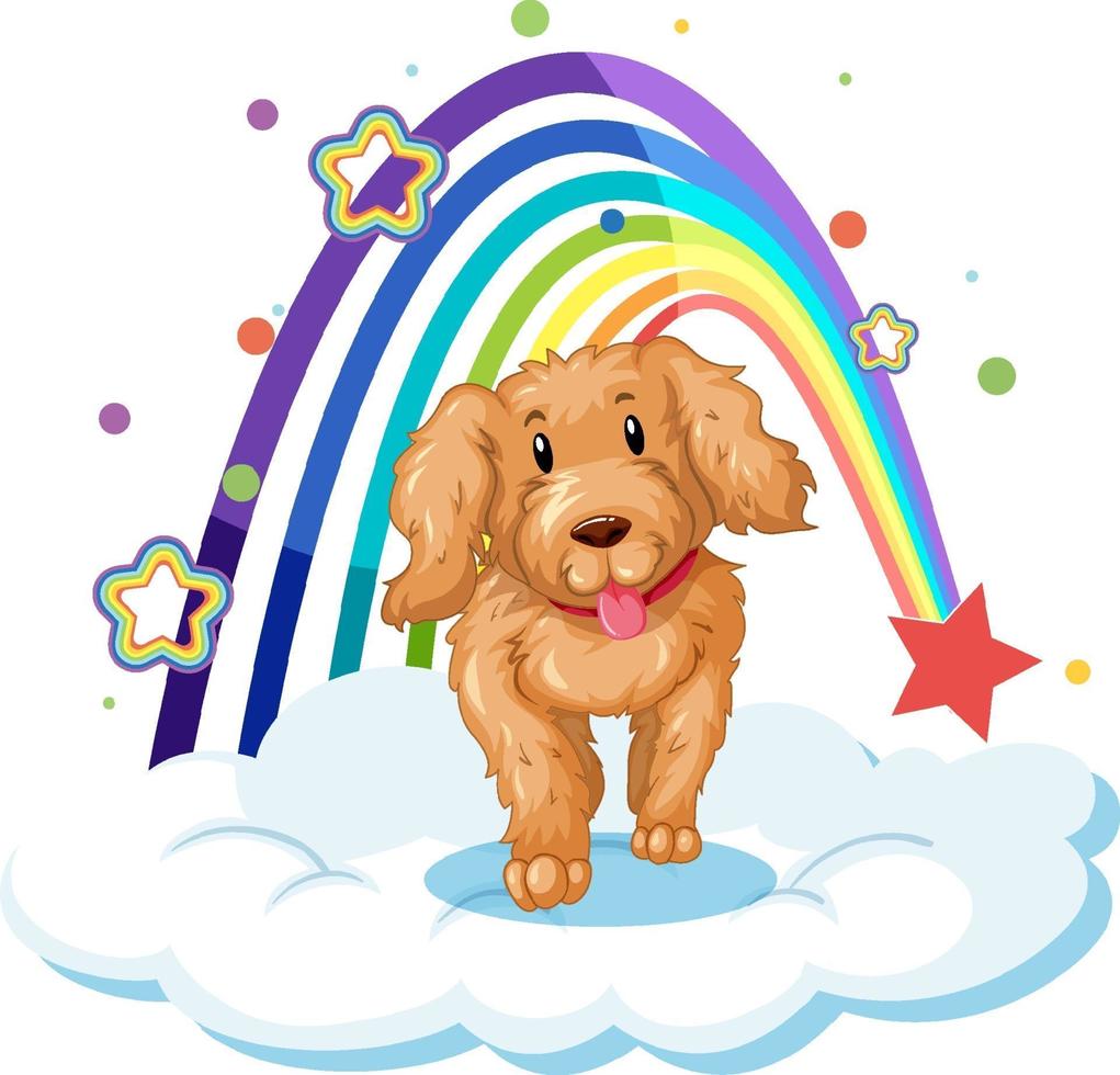Cute dog on the cloud with rainbow vector