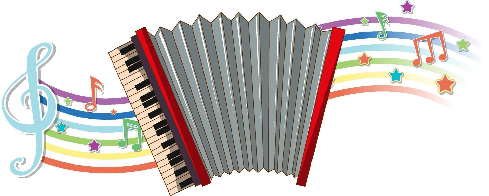 Accordion with melody symbols on rainbow wave vector