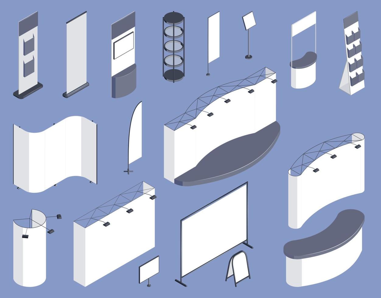 expo stand plantilla conjunto isométrico vector