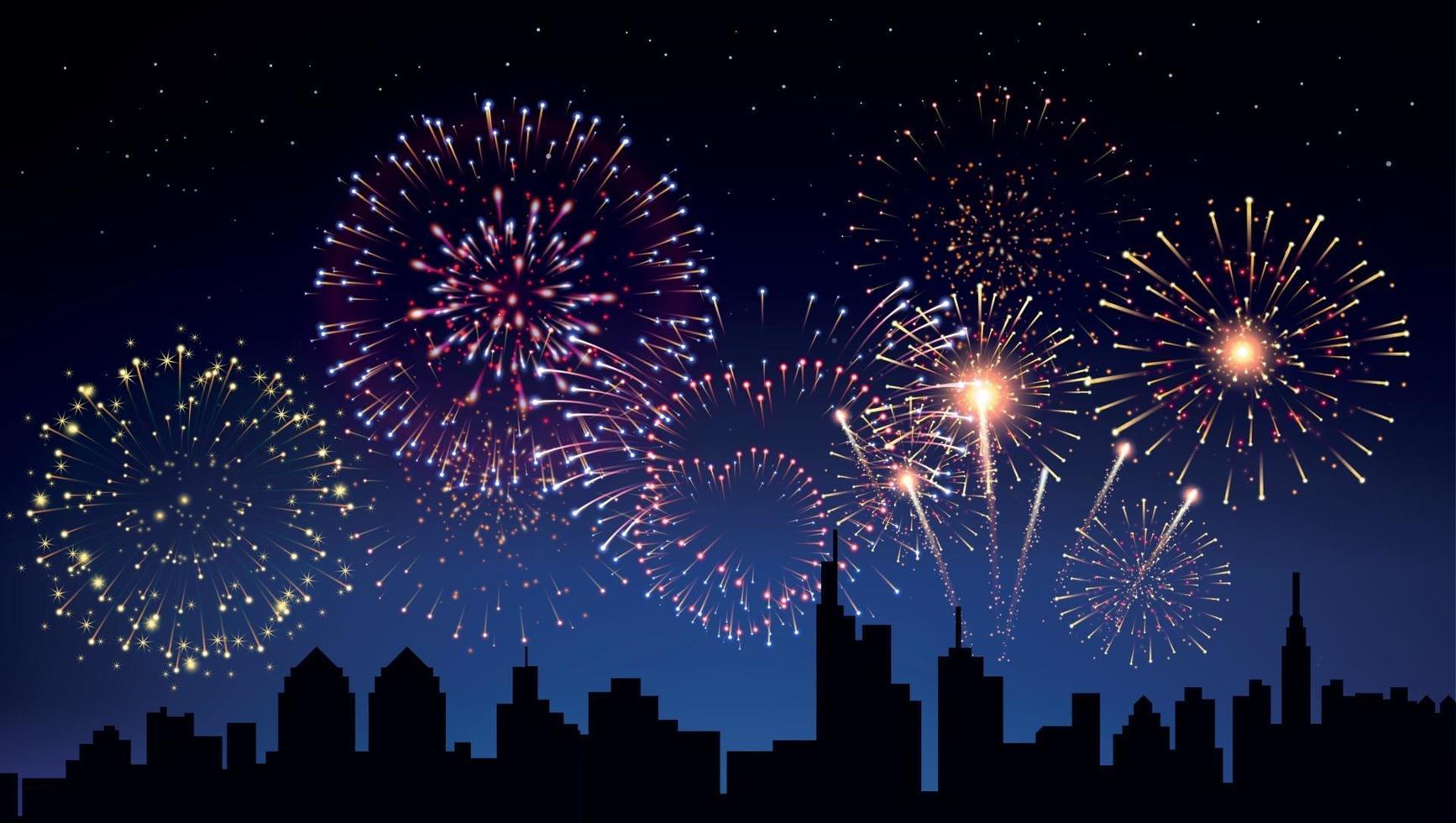 Pyrotechnics And Fireworks In City Background vector