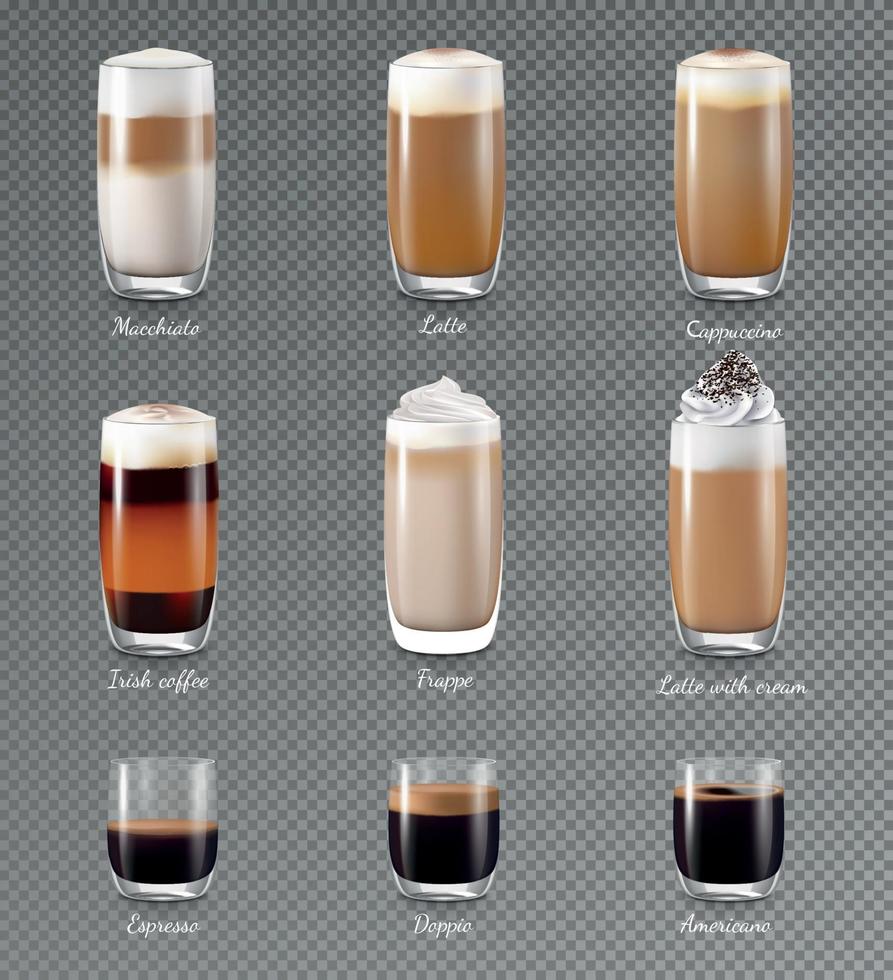 set of coffee cups, espresso glass, coffee latte, cappuccino, mocha,  americano,caramel macchiato,vector design. Stock Vector