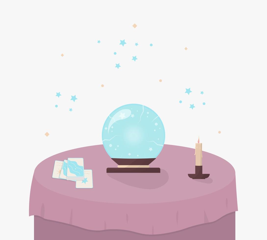 Crystal ball, tarot and candle on the table. vector