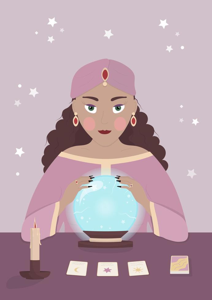 Gypsy fortune teller with crystal ball, tarot and candle on the table vector
