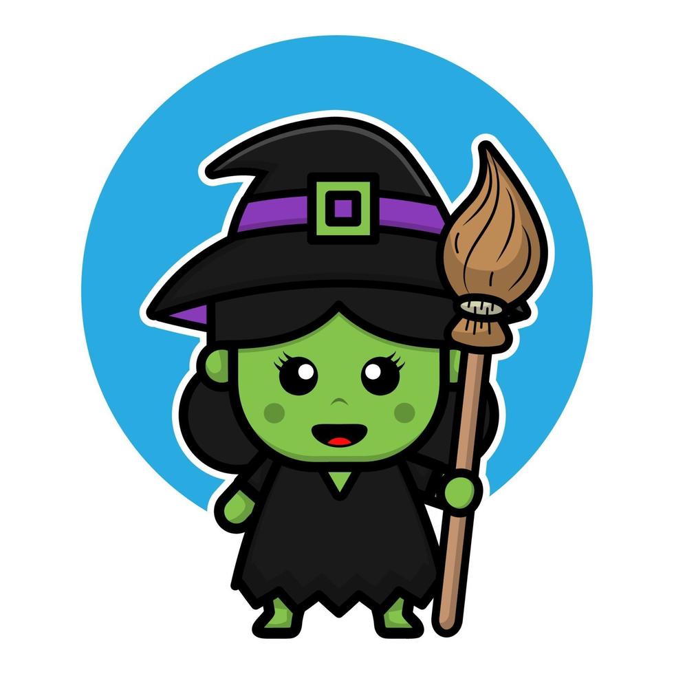 Cute green witch cartoon character illustration. vector
