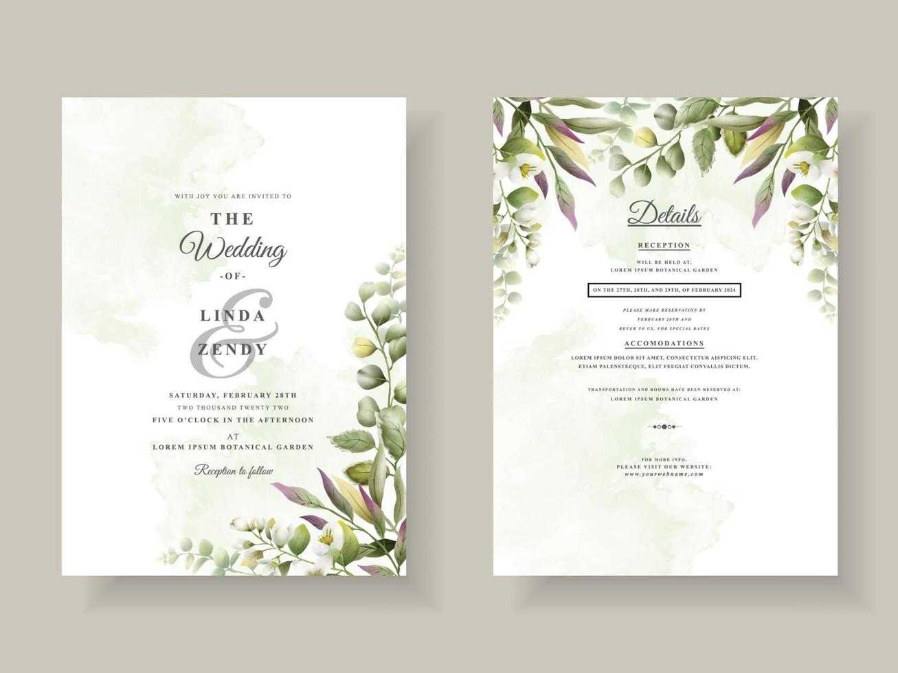 Greenery floral hand drawn wedding invitation template vector
